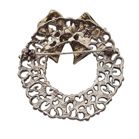 Vtg Wreath Brooch Pin Filigree Red Enamel Bow Pin Christmas Holiday Jewelry - Picture 9 of 11